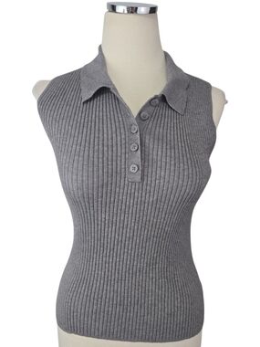 Quince Eco Knit Polo Sweater Tank Medium Heather Gray Ribbed Sleeveless Top